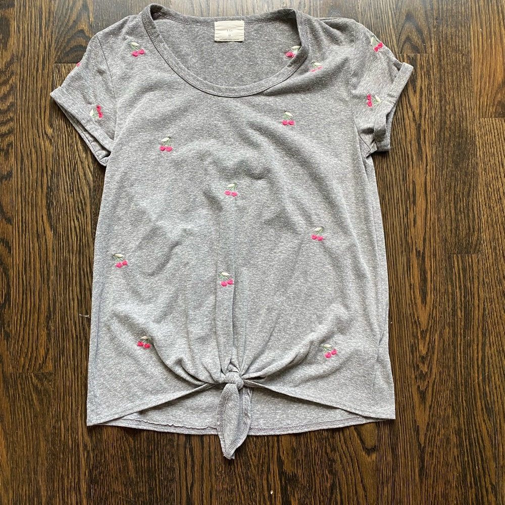 T.La Tie Front Embroidered Cherry T-Shirt